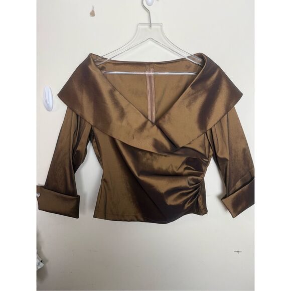 Tadashi Faux Wrap Shimmery Brown Evening Jacket Ruched  Shimmer Taffeta Large Rh - Picture 1 of 4